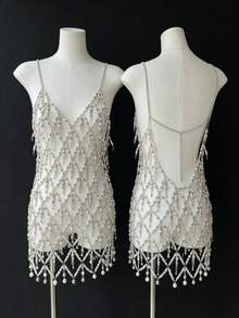 ZHENGHEN Handmade Exquisite Crystal & Pearl Body Chain Dress, Delicate Hand-Strung Rhinestone Mesh Mini Dress, Festival Rave Statement Jewelry - Silver - View 2
