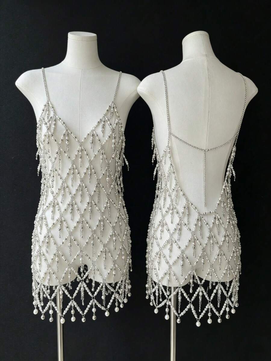 ZHENGHEN Handmade Exquisite Crystal & Pearl Body Chain Dress, Delicate Hand-Strung Rhinestone Mesh Mini Dress, Festival Rave Statement Jewelry
