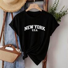 Women's Summer T-Shirts Adorable Graphic Print New York, USA Stretch Fabric Casual School Wear | Women's Casual T-Shirt - 黑色 - 查看 1