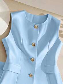 Set de 2 piezas de diseño minimalista casual con cuello redondo, sin mangas y botones delanteros de unicolor - Azul - Ver 4