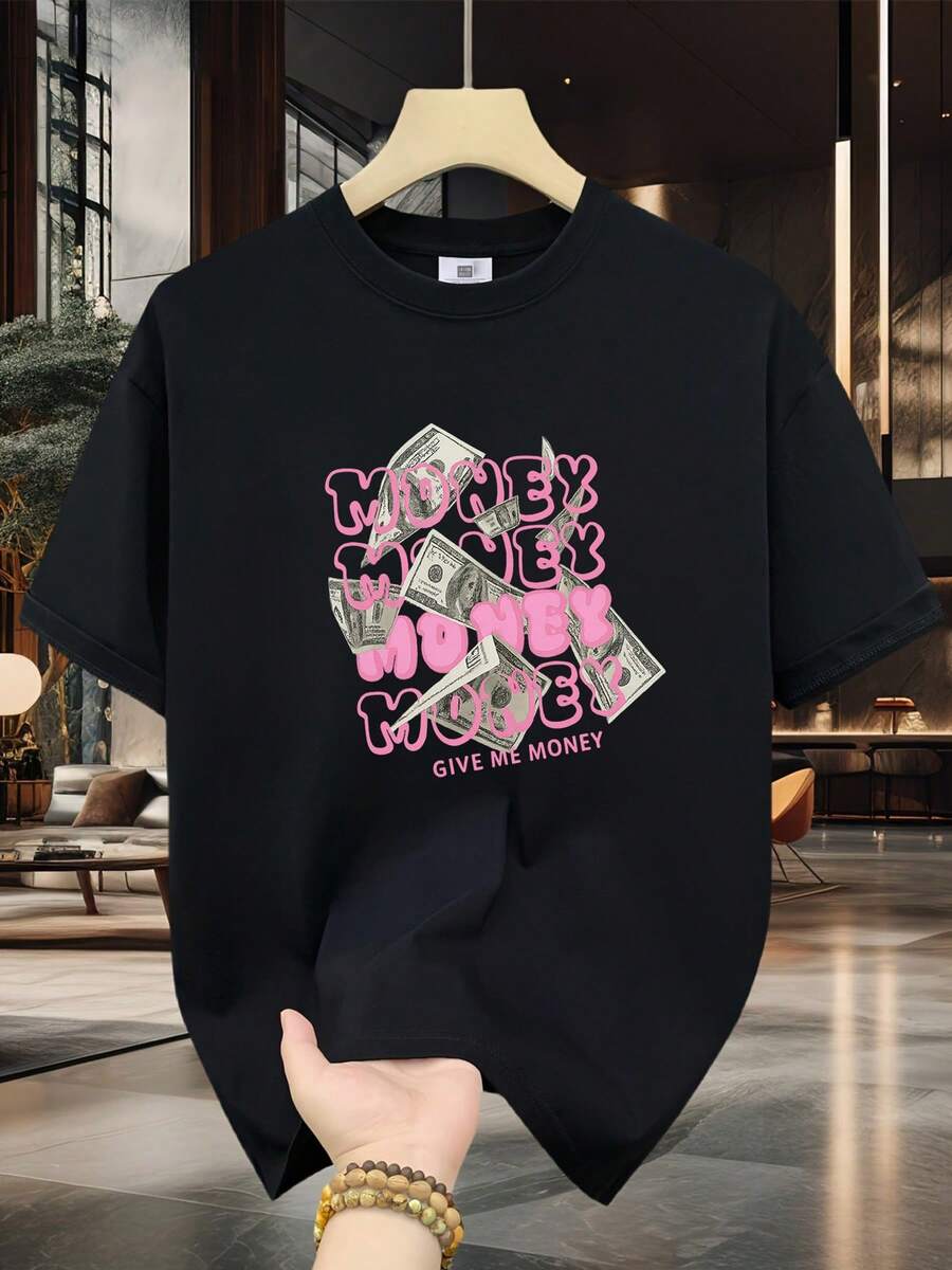 Camiseta 100% para Hombre - Manga Corta, Cuello Redondo, Estampado Digital, Cómoda para Todas las Estaciones, Lavable a Máquina, Ideal para Salidas Diarias, Cuello Redondo, Diseño Circular, Camiseta Casual de Verano Muscle Freaks Money Style Dollars Finance[COD] - Negro - Ver 1