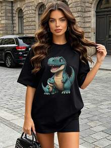 Women's Soft And Casual Short-Sleeved T-Shirt With A Crew Neck, Ideal For Summer. The Graphic Dinosaur Print With A Mother And Baby Design Is Perfect For Casual Wear In Spring And Summer. White. - 黑色 - 查看 2