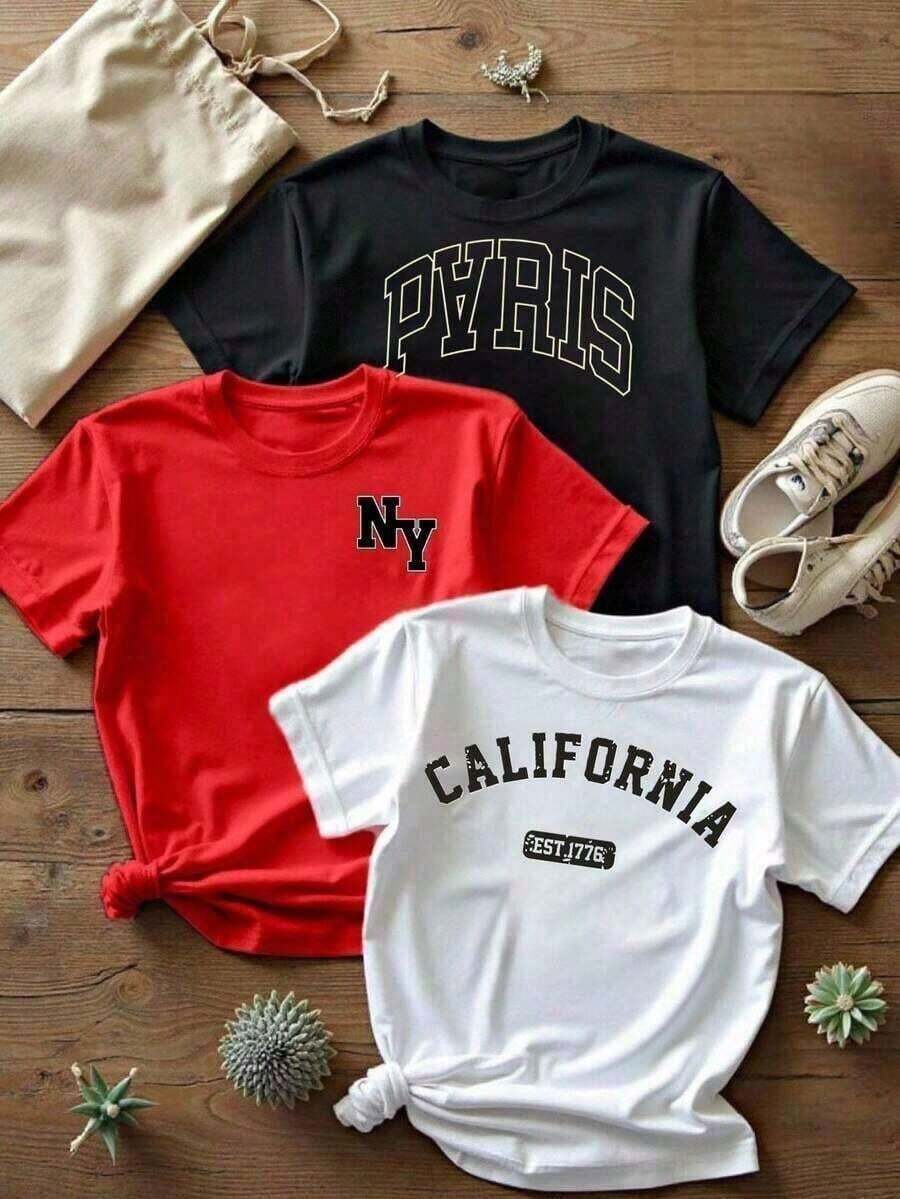 3-Pack Women's Printed T-Shirts, Straight Cut, Short Sleeve, Round Neck, Graphic Design, Urban, Collegiate, Cities, Paris, New York, California, National Shipping, Women's Blouses > Long Sleeve - 白色 - 查看 1