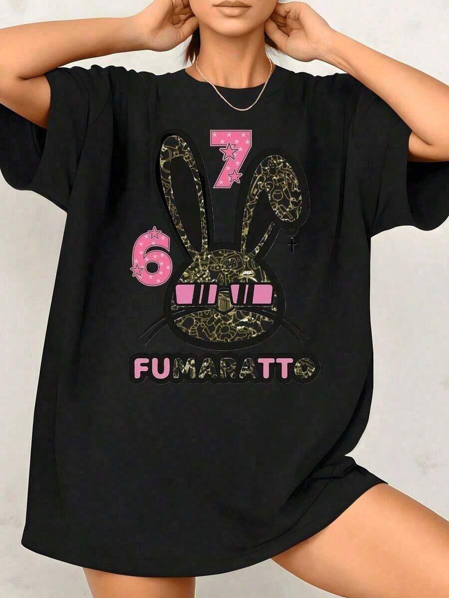 Camiseta Fresca de Verano Casual 1 Pieza Oversized Streetwear para Mujer con Estampado Gráfico Vintage de Conejo Retro, Camiseta de Dibujos Animados 100% Algodón con Cuello Redondo, Ropa de Verano para Mujer, Moda - Negro - Ver 1
