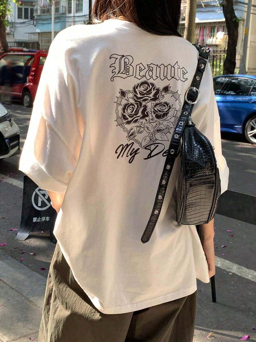 Women's Short-Sleeved T-Shirt, Round Neck, Floral And Letter Print, Casual, Versatile, For Everyday Wear, Graphic T-Shirts, Pure Cotton, Plus Size. - 白色 - 查看 1