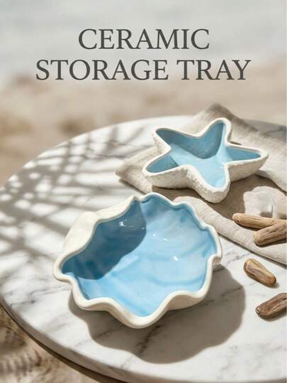 1pc Coastal Style Ceramic Jewelry Tray, Starfish & Shell Shaped Decorative Dish For Storing Rings, Earrings, Necklaces