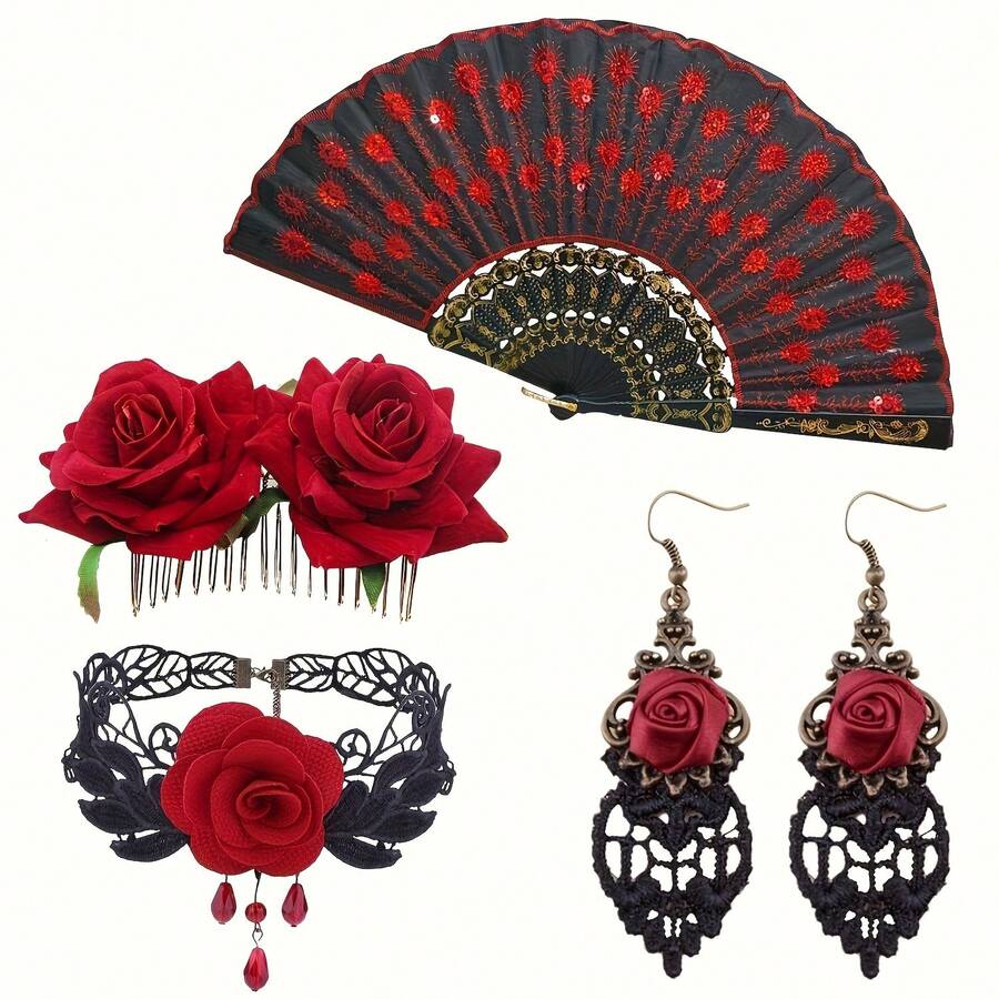 5pcs Women's Flamenco Dance Costume Accessories - Complete Spanish Dance Outfit With Sequin Embroidered Fan, Rose Hair Clip, Necklace And Earrings, Suitable For Flamenco Party, Wedding, Cosplay, Stage Performance - Multicolor - View 1