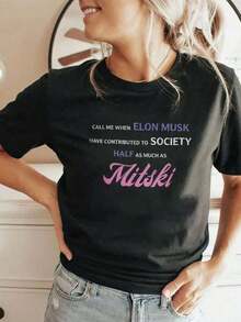 1PCS T-Shirt "Call Me When You've Contributed Half Of Mitski To The Society" - Unisex Urban Vintage Style, Cotton, Short Sleeve, Round Neck, Women's Blouses. Casual Blouses For Ladies. - 黑色 - 查看 1