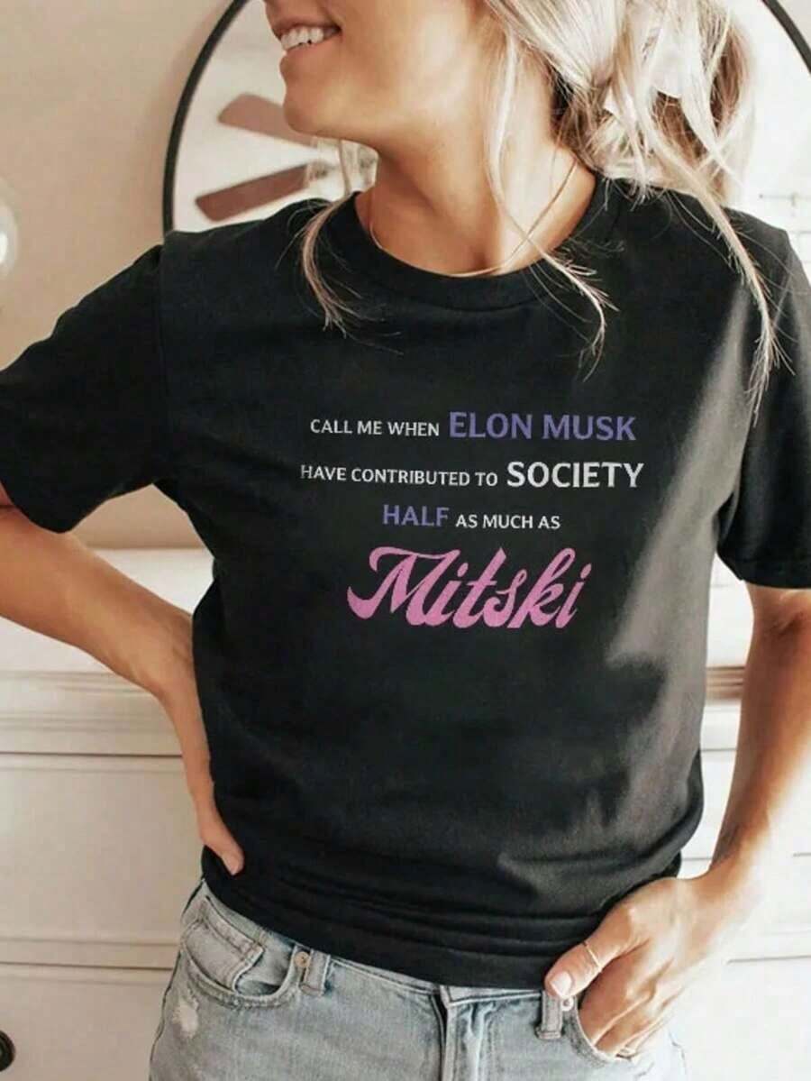 1PCS T-Shirt "Call Me When You've Contributed Half Of Mitski To The Society" - Unisex Urban Vintage Style, Cotton, Short Sleeve, Round Neck, Women's Blouses. Casual Blouses For Ladies. - 黑色 - 查看 1
