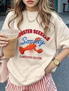 Camiseta holgada de manga corta con cuello redondo y estampado gráfico de la Lobster Seekers Society para mujer, estilo casual de playa y vacaciones - Estilo vintage urbano, unisex, de algodón holgado, manga corta, cuello redondo, blusas para mujer. blusas.blusas casuales para dama. - Albaricoque - Ver 7