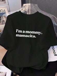 Camiseta de Mujer "La Mejor Mamá del Mundo" - Estampado de Letras Simple y Elegante "Soy Mamá, Mamacita" Camiseta de Manga Corta con Cuello Redondo. Camiseta Casual de Algodón Suave, Camiseta con Estampado 'La Mejor Mamá del Mundo', Novedad 2026 para el Día de la Madre, Blusas Bonitas de Mujer - Negro - Ver 8
