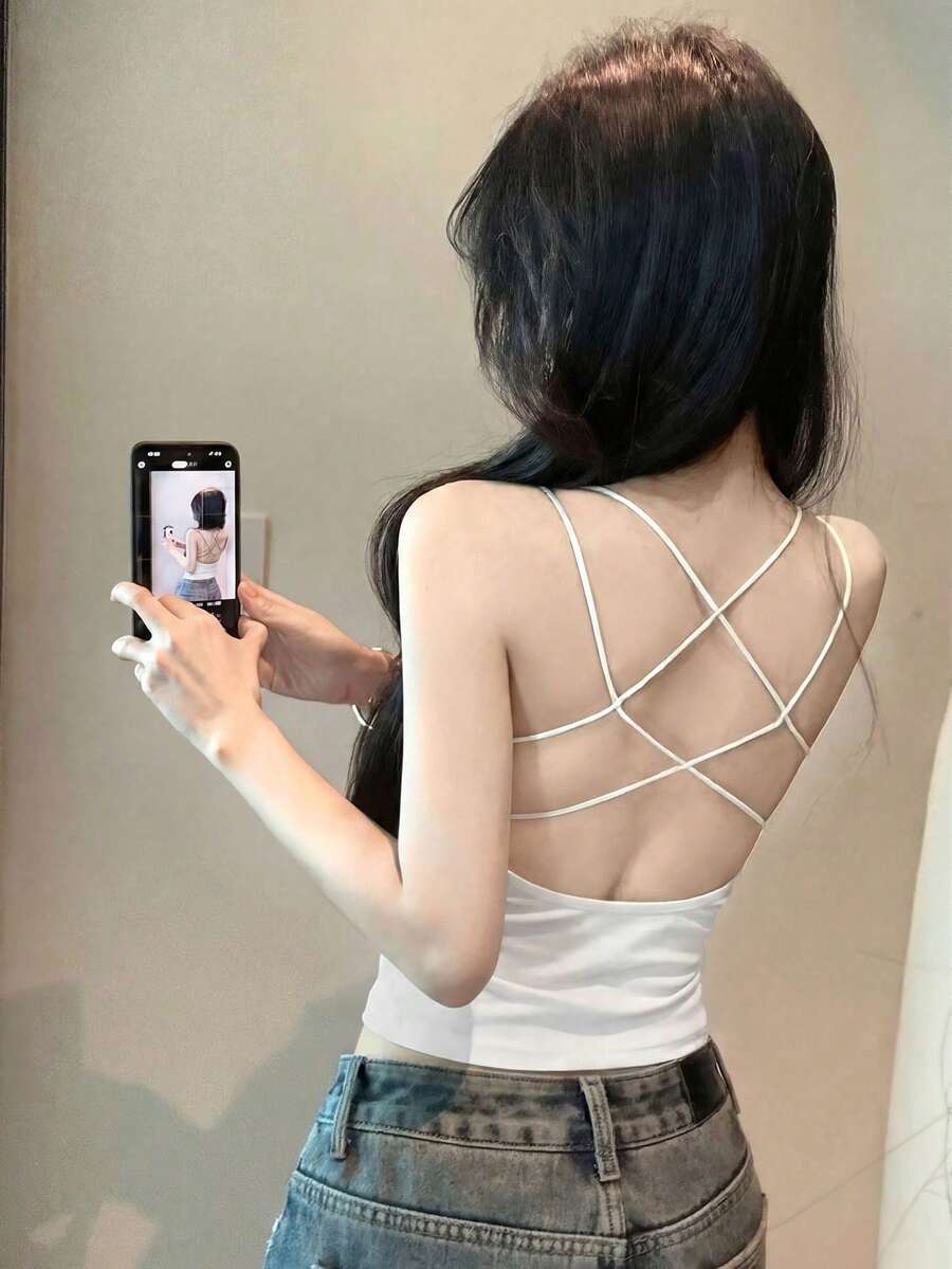 女士无袖吊带背心,带胸垫,褶皱设计适合小胸,甜美性感风格,纯色休闲背心,夏季白色 - 白色 - 查看 1