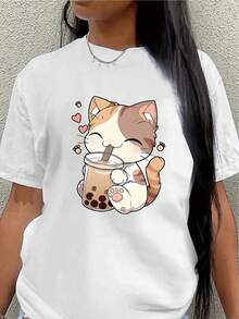 Lightweight And Durable Short-Sleeved T-Shirt Featuring A Cute Cat Enjoying A Milk Tea, Perfect For Lounging At Home Or A Casual Coffee Date, Ensuring Everyday Comfort In The Kitchen Or Living Room. Women's Blouses > Clothing - 白色 - 查看 1