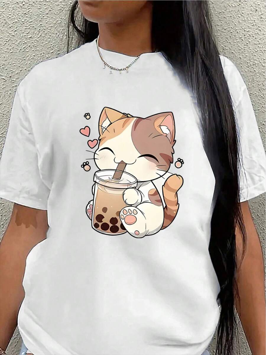 Lightweight And Durable Short-Sleeved T-Shirt Featuring A Cute Cat Enjoying A Milk Tea, Perfect For Lounging At Home Or A Casual Coffee Date, Ensuring Everyday Comfort In The Kitchen Or Living Room. Women's Blouses > Clothing - 白色 - 查看 1