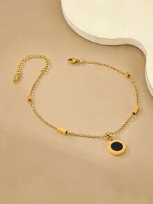 1pc Dainty Women's Stainless Steel Gold Tone Black Round Charm Anklet Adjustable Thin Foot Jewelry For Beach Party Gift - Anklet - View 2