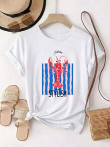 1 Stück, Lobster Stripes Stylisches Damen-T-Shirt (S-XXXL), grafische T-Shirts für Damen, bedruckte Oberteile im lässigen Urlaubsstil, geeignet für den Alltag, magliette donna estivemagliette donna estive - Weiss - Übersicht 2