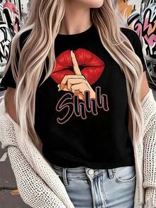 Cool Summer Casual T-Shirt With Red Lips Graphic Print, Loose Round Neck, Comfortable And Versatile, Anti-Pilling And Non-Fading, Suitable For Daily Wear, Sports And Leisure Activities, Perfect Gift For Father's Day And Mother's Day. - 黑色 - 查看 7