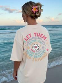 1 Piece [Double-Sided Print] Women's Casual Spring And Summer T-Shirt, Cute Style With Floral Print Of The Phrase "LET THEM MISUNDERSTAND YOU", Round Neck, Short Sleeve, Dropped Shoulders, Pure Cotton, Oversized Style [Lang] 100% Cotton - 杏色 - 查看 4