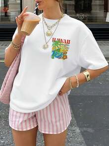 [Double-Sided Print] Women's Summer Casual T-Shirt, Tropical Style With Palm Tree Print, HAWAII, Sunny Waves, SURF CO EST, Short Sleeve, Round Neck, Pure Cotton, Plus Size, Drop Shoulders[LangK] - 白色 - 查看 3