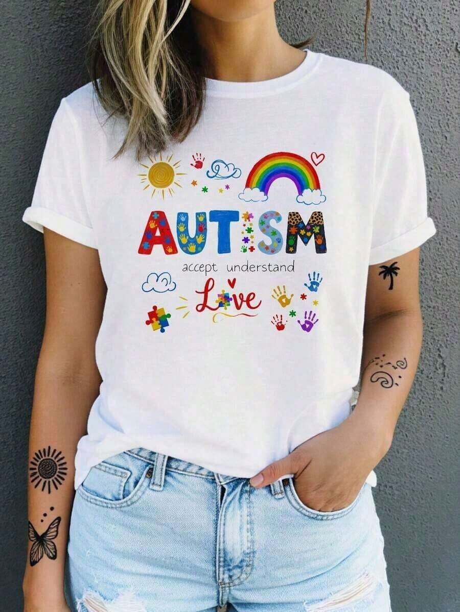 ropa de mujer conjuntos de mujerFashion Cute Accept Understand Love Women Cute Cartoon Print Tee Oversized Short Sleeve Crew Neck Fashion Unisex Relaxed Fit Vintage Style Print Round Neck Short Sleeve, Machine Washable Easter, Mother's Day Pure Cottoncoolplayeras de mujer camisas de mujer - Blanco - Ver 1