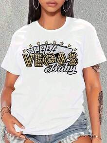 Vegas Baby Women's T-Shirt, Casual White T-Shirt With Poker Card Graphic Design, Las Vegas Theme, Party Wear, Summer Top - 白色 - 查看 7