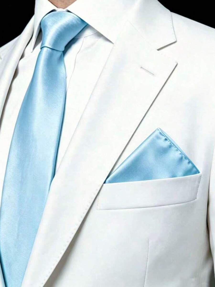 1 Set Men's Tie Set, Solid Color Classic Formal Tie And Pocket Square Set - Baby Blue - View 1