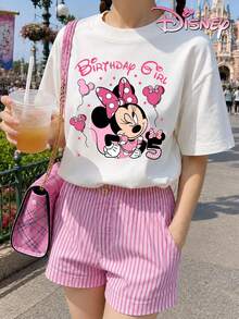 Pure Cotton Short-Sleeved T-Shirts For Teenage Girls, Featuring Minnie Mouse "Birthday Girl" Print. Loose And Comfortable Fit, Sweet Summer Style, Suitable For Everyday Wear, Disneyland Outings, And Casual School Settings. - 白色 - 查看 2