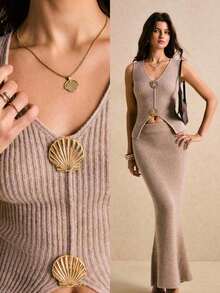 Conjunto de top sin mangas con botones de concha de unicolor y falda de punto para mujer - Caqui - Ver 1