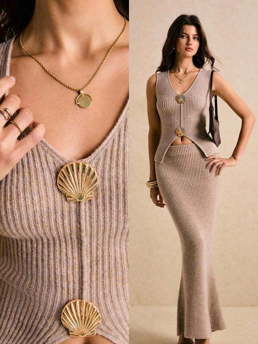 Conjunto de top sin mangas con botones de concha de unicolor y falda de punto para mujer - Caqui - Ver 1