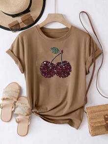 Women's Oversized Brown Summer 2026 T-Shirt With Leopard Print Bow And Red Cherries, Animal Print Bow And Cherry Design, Flirty Style To Pair With Leggings Or Skinny Jeans - YH572-棕色 - 查看 2