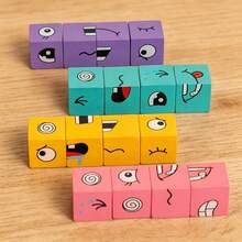 16pcs Kids Face-Changing Wooden Block Logic Thinking Training Game, Wooden Cube Expression Matching Blocks Multiplayer Battle Game, Develop Children's Hand-Eye Coordination, Parent-Child Interactive Desktop Game, Birthday Gift For Boys And Girls - Multicolor - View 7