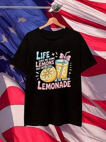 1 Piece Of Spring Clothing, Women's T-Shirts, Funny T-Shirt With Christian Faith Design - "Life Gave Me Lemons, But Jesus Made Lemonade", Design With Biblical Verse, With Lemon And Lemonade Print, Casual Short Sleeve Breathable Round Neck T-Shirt, Inspirational Christian Clothing In Light Yellow, Suitable For Church Activities And Daily Wear, Machine Washable, Suitable For Spring, Summer And Autumn, H-Shaped Cut, T-Shirt With Vibrant Religious-Themed Pattern, Suitable For Birthday Gifts, Valentine's Day And Daily Wear, Summer Graphic T-Shirts, Women's T-Shirts, 180g 100% Cotton. - 黑色 - 查看 3