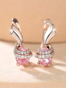 A Pair Of Luxurious And Enchanting Pink Gemstone Hoop Earrings-Designed For Women And Young Ladies, The Perfect Gift For A Party - Golden Yellow + Pink - View 3