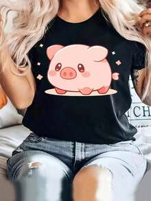 Lovely Pig, Gift, Directional Backgrounds, New Women's Casual Crew Neck Sports T-Shirt For All Seasons. Casual Blouses For Ladies - 黑色 - 查看 2