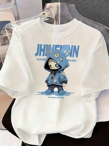 Blue Streetwear Character T-Shirt With "JHINEINN" Text, Fashionable Short-Sleeve T-Shirt For Spring/Summer 2026, Made In Mexico, 180 Grams. Cartoon Print, Couple Design, Suitable For Indoor Or Outdoor Wear. Crew Neck, Unisex, Ideal For Office And Leisure. One-Pack. - WH-P631577SLNDXZGY635 - 查看 2