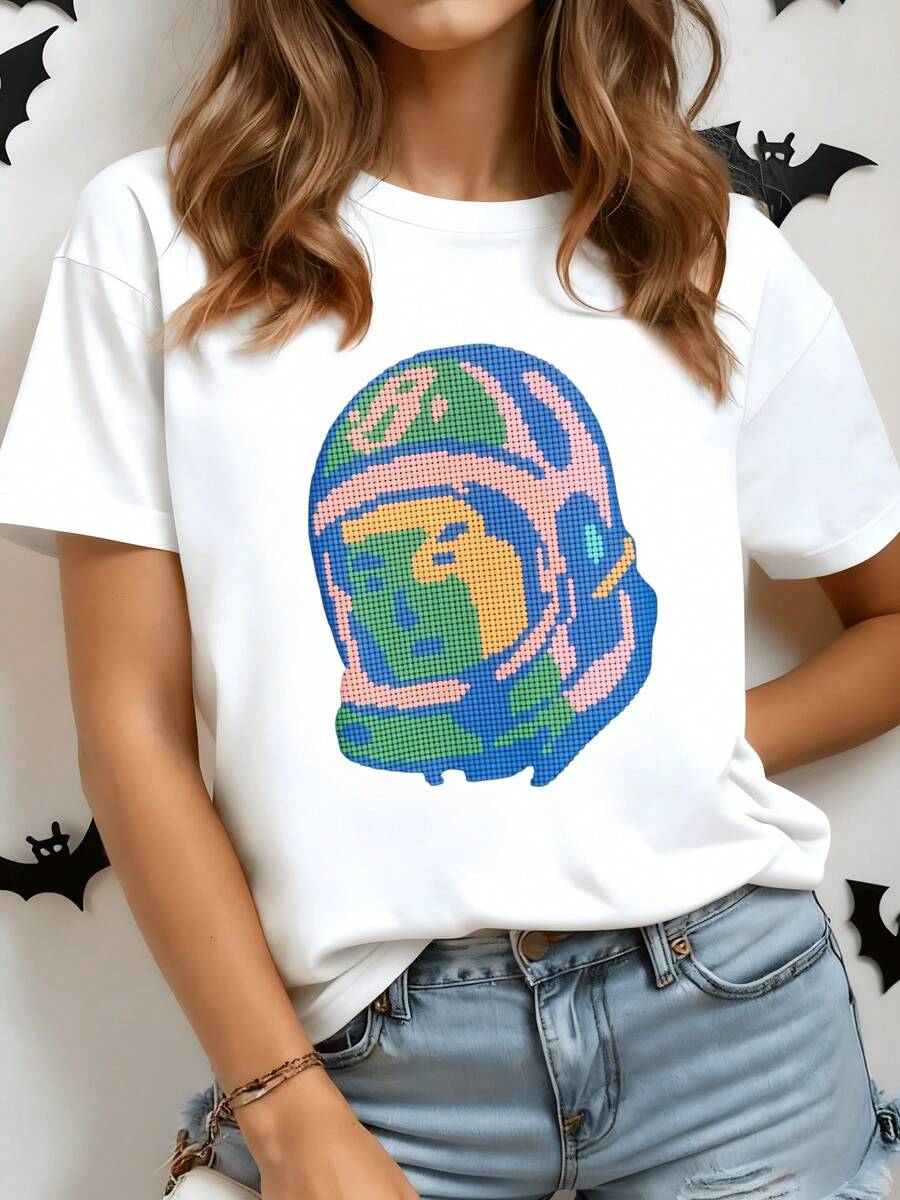 Multicolored Astronaut Figure Representing Human Curiosity And Exploration Of The Universe With Vibrant Colors And Modern Style. Comfortable Casual Women's T-Shirt For Everyday Wear. - 白色 - 查看 1