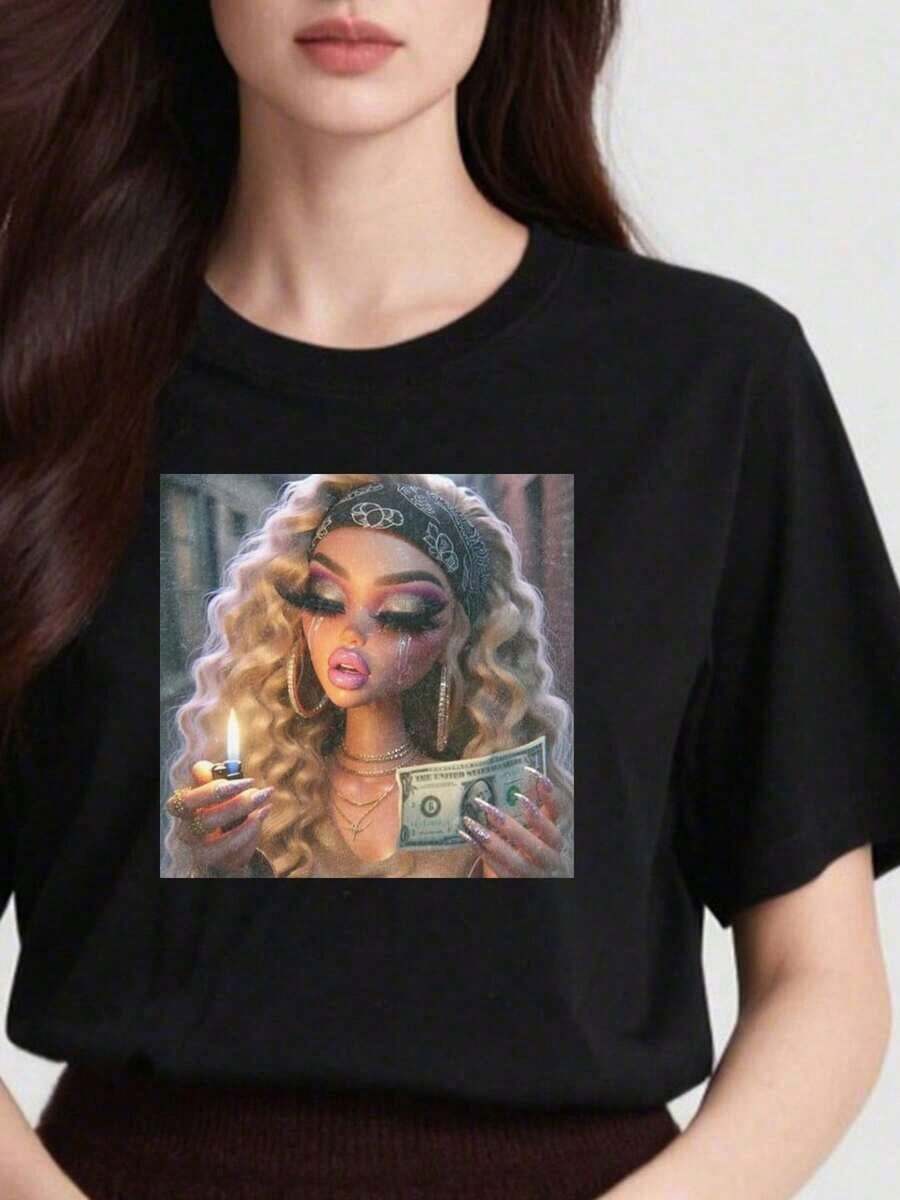 New For 2026: Funny And Quirky Doll Design T-Shirt, 180g Casual Style, Internet Meme T-Shirt, Creative Design, Durable Print, Comfortable Fit, Funny T-Shirt, Joke Culture T-Shirt, Exclusive For Comedy Lovers, Comedy Clothing, Funny Fashion Garment, Playful Style, High-Quality T-Shirt, Soft Material, Printed T-Shirt, Funny T-Shirt, For Lovers, Internet Humor Enthusiasts. Soft, Breathable, Fashionable Fabric, 100% Cotton, Women's T-Shirt For Everyday Wear With Graphic Print. - 黑色 4 - 查看 1