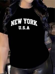 New Fashionable Women's T-Shirt With Round Neck And New York Letter Print, Short Sleeve T-Shirt For Women, Spring And Summer Casual Clothing, Modern And Elegant Blouse, Versatile Design Ready For Summer. - 黑色 - 查看 12