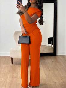 New Women's Summer Outfit, Minimalist And Elegant Style, Short Sleeves, Long Pants, Flattering Design, Cool, Versatile, Perfect For Office, Daytime Looks, Walks And Everyday Wear - 橘色 - 查看 2