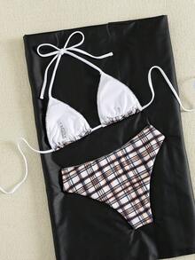 Bộ bikini đi biển mùa hè 2026 dành cho nữ, hai mảnh, họa tiết kẻ caro, dây buộc cổ, kiểu dáng thanh lịch, gợi cảm, hở lưng, thích hợp cho kỳ nghỉ biển. - Nhiều màu - Xem 4