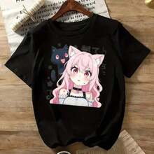 Camiseta de algodón para mujer con estampado gráfico de anime, manga corta, cuello redondo, diseño casual con chica manga linda, cómoda, adecuada como regalo. playera de mujer. blusas>elegantes. boho chic,Top de mujer suave, transpirable y cómodo, ideal para primavera, verano y otoño, perfecto para vacaciones, viajes y uso diario. - Negro 4 - Ver 7