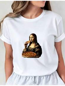 Camiseta Estampada para Mujer - Camiseta Casual de Manga Corta y Cuello Redondo con Gráfico de Pie de la Mona Lisa. Con un Corte Relajado para Todas las Estaciones, Perfecta para el Uso Diario y Atuendos de Vacaciones (Lavable aáquina). - Blanco - Ver 7