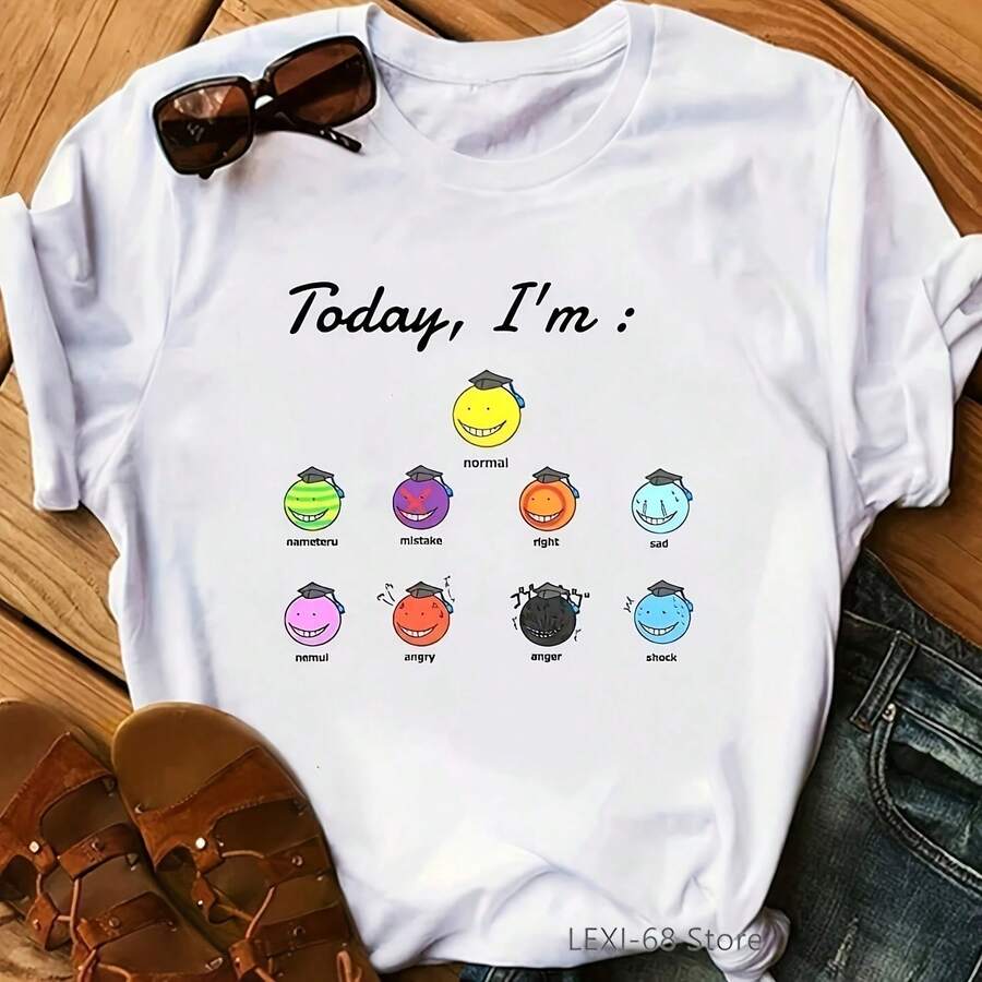 Today I'M Assassination Classroom Letter Print Female T-Shirt Funny Graphic Tees Wo Koro Sensei Bruh Face T Shirt FemmePlus YK Wo's 0g Thick Cotton T-Shirt With Butterfly Print Pattern, Suitable 220G heavyweight 100% cotton T-shirt. with butterfly print pattern, suitable for girls and wo's short sved round neck inspirational shirt, cute aesthetic Y2K style summer top, suitable for outdoor, family, work or street wear casual loose daily T-shirt - Blanco - Ver 1