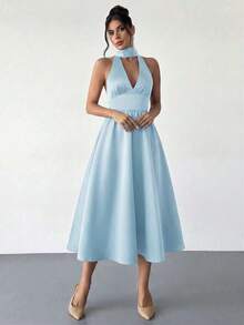 High-Waisted Midi Dress With A V-Neck And Open Back, In A Vintage French Polka Dot Style, Suitable For Valentine's Day, Concerts, Performances, Dates, Banquets, Weddings, Sexy, Elegant, Back To School, Vacation, Beach, Romantic - 紅色 - 查看 6