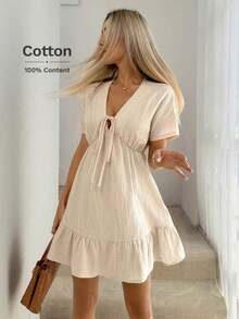 Vestido paraguas con cuello en V, lazo en los hombros, mangas caídas, cintura fruncida, volantes en el bajo, de doble capa con textura de crepé 100% algodón, casual, relajado, elegante, para uso diario, vacaciones, primavera y verano para mujer - Gris - Ver 2