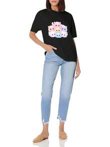 Women's T-Shirt With Kawaii Cat Print In Pastel Tones, Cat Lover Inspired Design, Casual Round Neck Short Sleeve T-Shirt, Black, For Women - 黑色 - 查看 3
