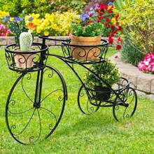 Soporte de Flores Metálico con Forma de Bicicleta Caprichosa - Soporte de Planta de Hierro Rústico con Manillar Decorativo para Balcón y Jardín, Negro con Acentos a Rayas, Flores Artificiales para Exteriores - A - Ver 5