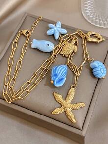 Charm Blue Shell & Starfish Pendant Necklace, Stainless Steel Gold Chain, Suitable For Party, Travel, Holiday, Mother's Day, Valentine's Day, Christmas Gift - Multicolor - View 7