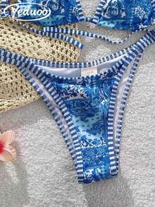 Bộ bikini tam giác mùa hè dành cho nữ, chất liệu vải kẻ sọc, họa tiết Bohemian, kèm phụ kiện bạc ánh kim, thích hợp cho bãi biển, kỳ nghỉ, thiết kế hở lưng dễ thương với dây buộc, phù hợp cho lễ Phục sinh, ngày Thánh Patrick, đi chơi, lễ tốt nghiệp, hoặc các dịp trang trọng. - Màu xanh lam - Xem 7