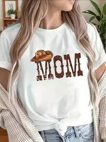 1 camiseta de manga corta de poliéster, diseñada con un estilo occidental, adecuada para uso casual en casa o en restaurantes, ligera y duradera, ideal para el uso diario, con un estampado de sombrero marrón y un llamativo texto impreso, 180g Algodón 100%. - Blanco - Ver 2